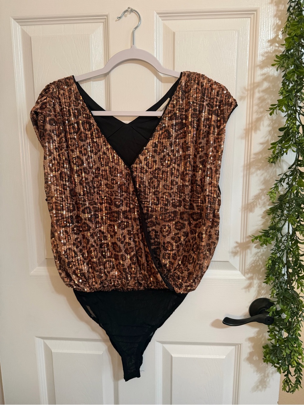 eesome Sequin Leopard Wrap Bodysuit - Brown and Black